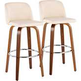 Toriano 30" Swivel Bar Stool in Walnut Wood & Cream Leatherette with Chrome Footrest (Set of 2)